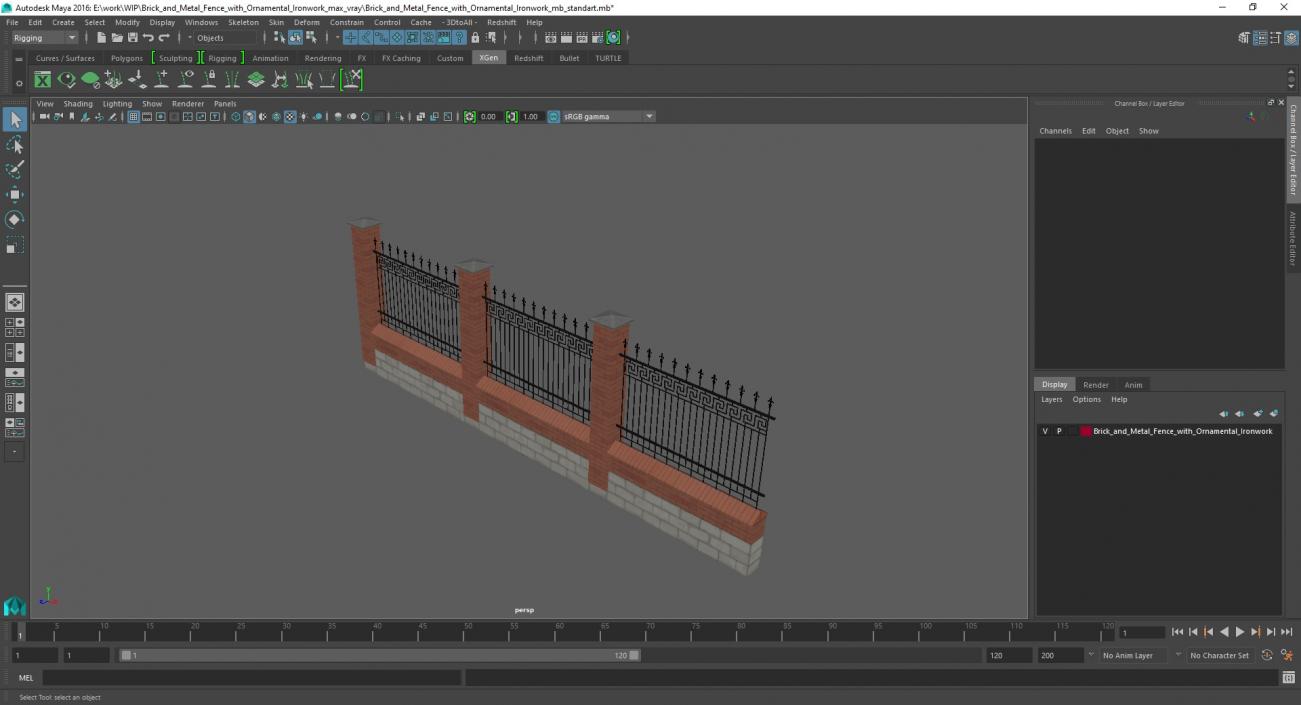 3D Brick and Metal Fence with Ornamental Ironwork