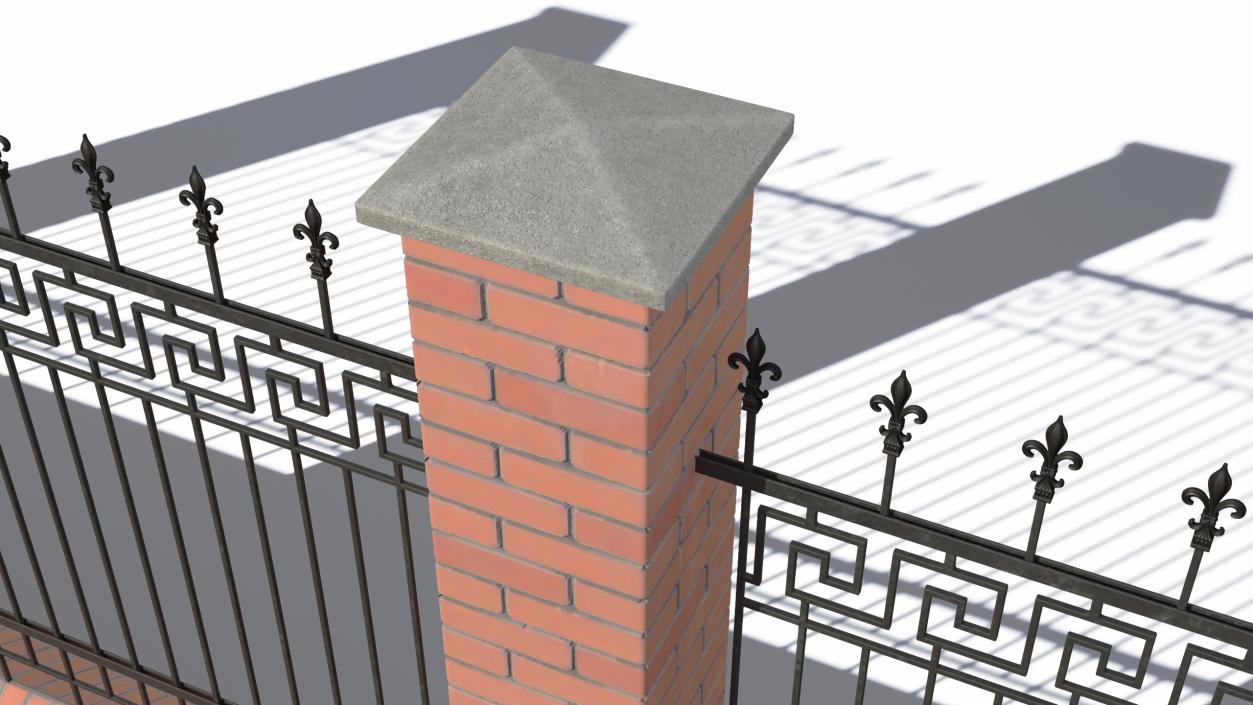 3D Brick and Metal Fence with Ornamental Ironwork