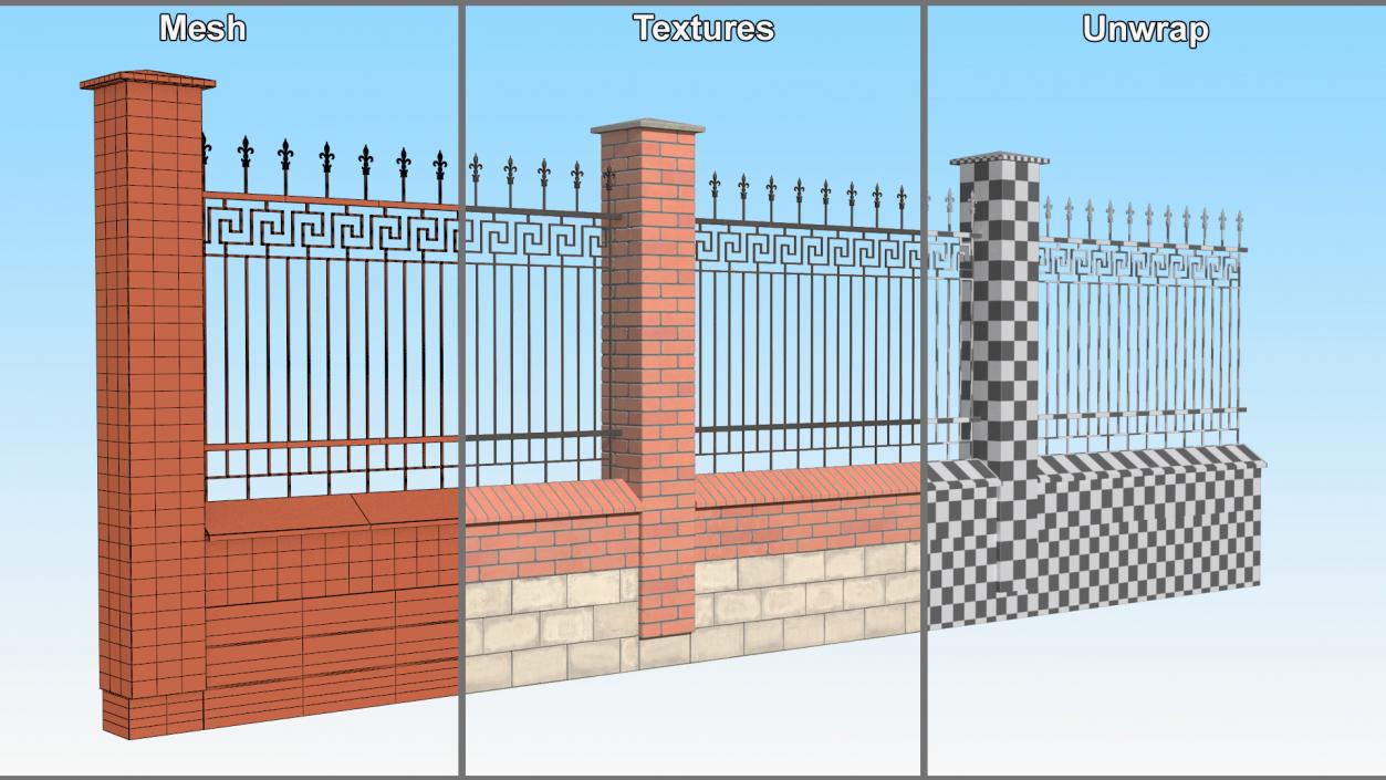 3D Brick and Metal Fence with Ornamental Ironwork