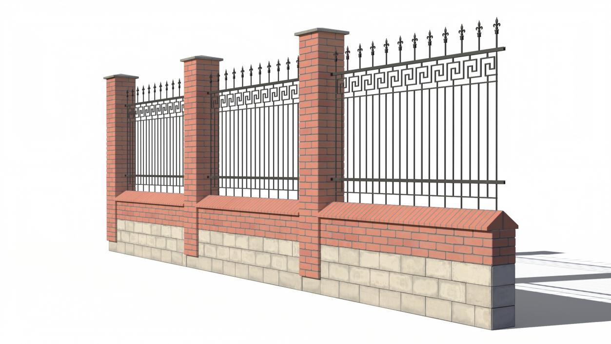 3D Brick and Metal Fence with Ornamental Ironwork