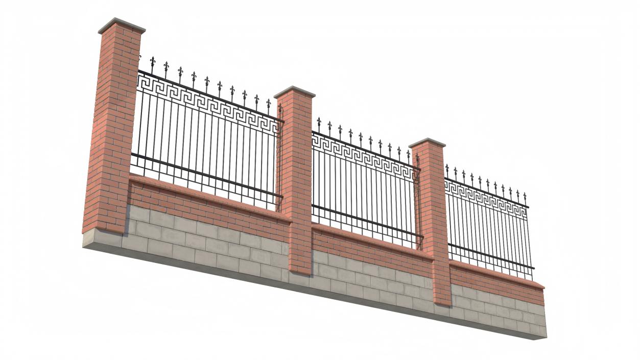 3D Brick and Metal Fence with Ornamental Ironwork