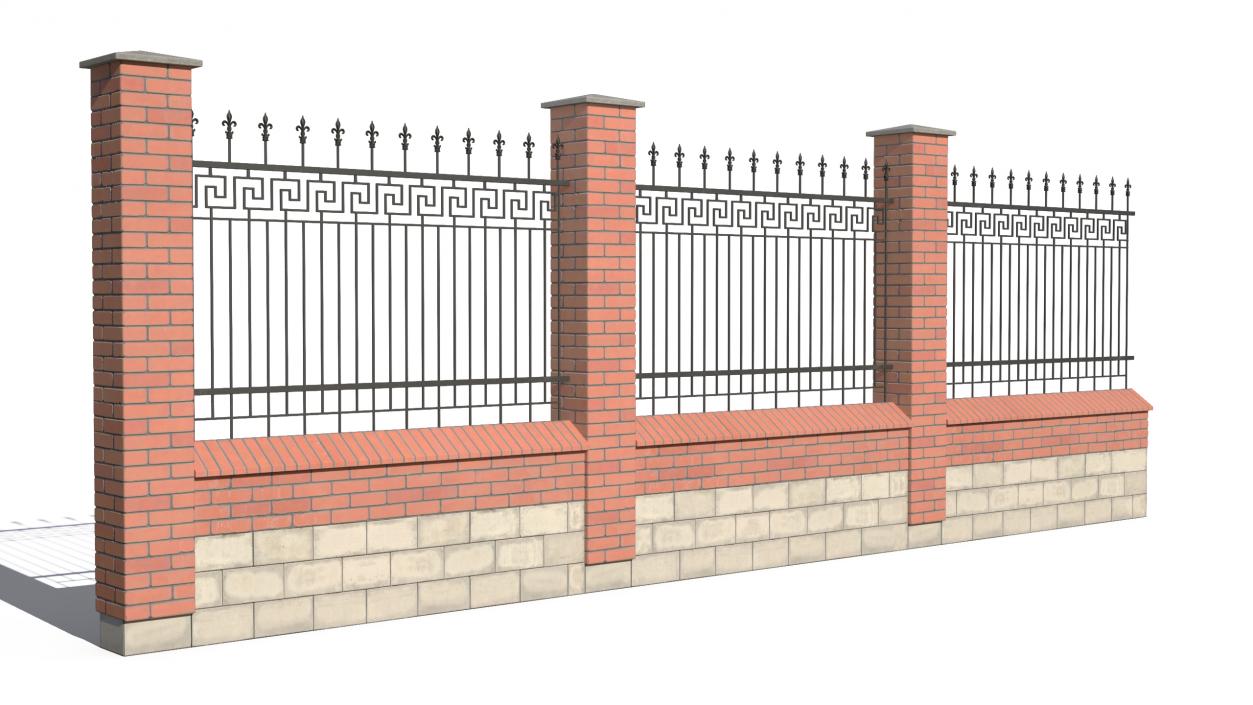 3D Brick and Metal Fence with Ornamental Ironwork