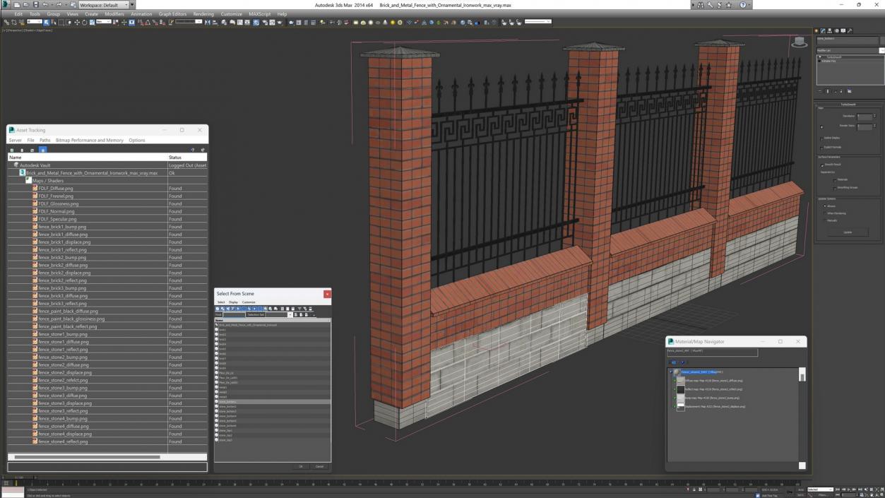 3D Brick and Metal Fence with Ornamental Ironwork