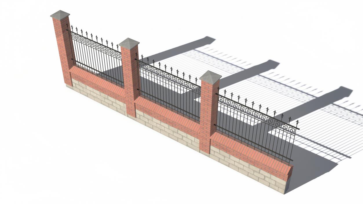 3D Brick and Metal Fence with Ornamental Ironwork