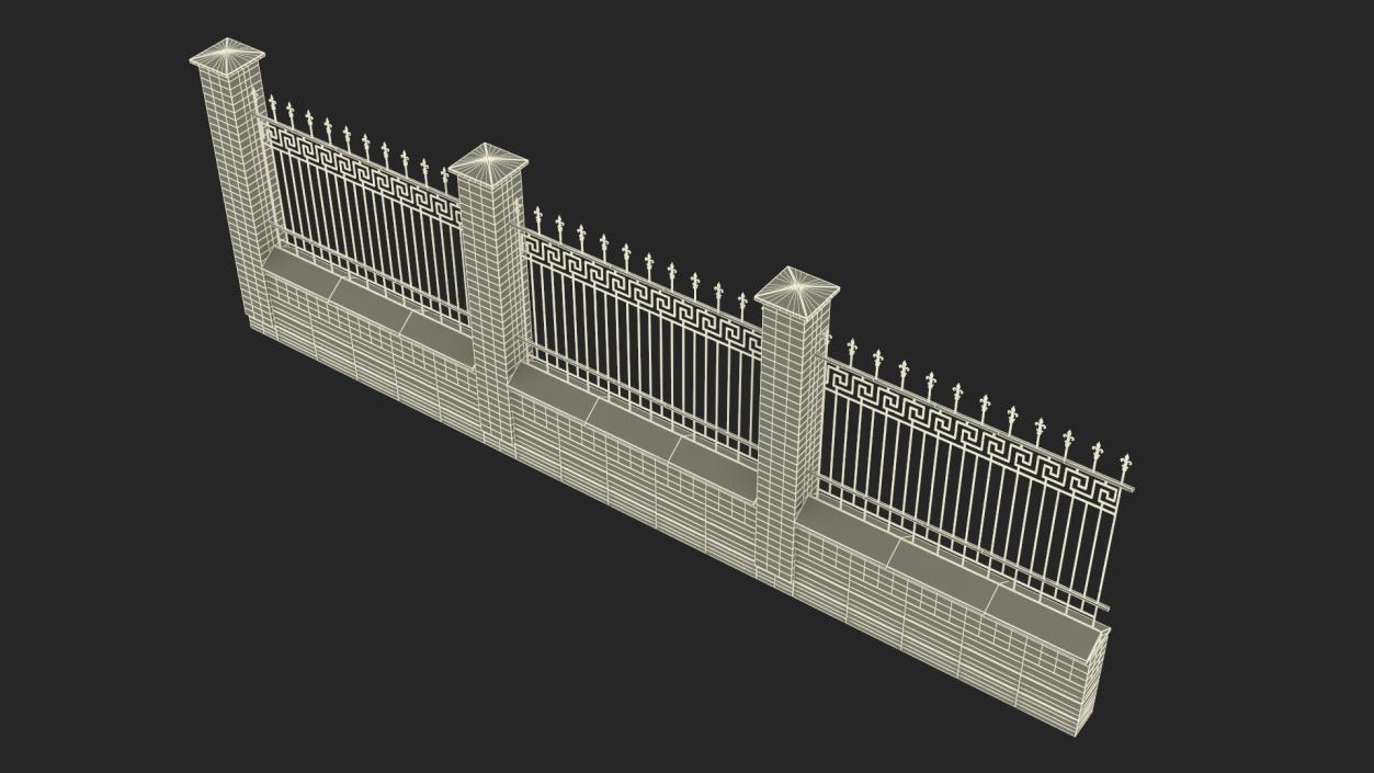 3D Brick and Metal Fence with Ornamental Ironwork