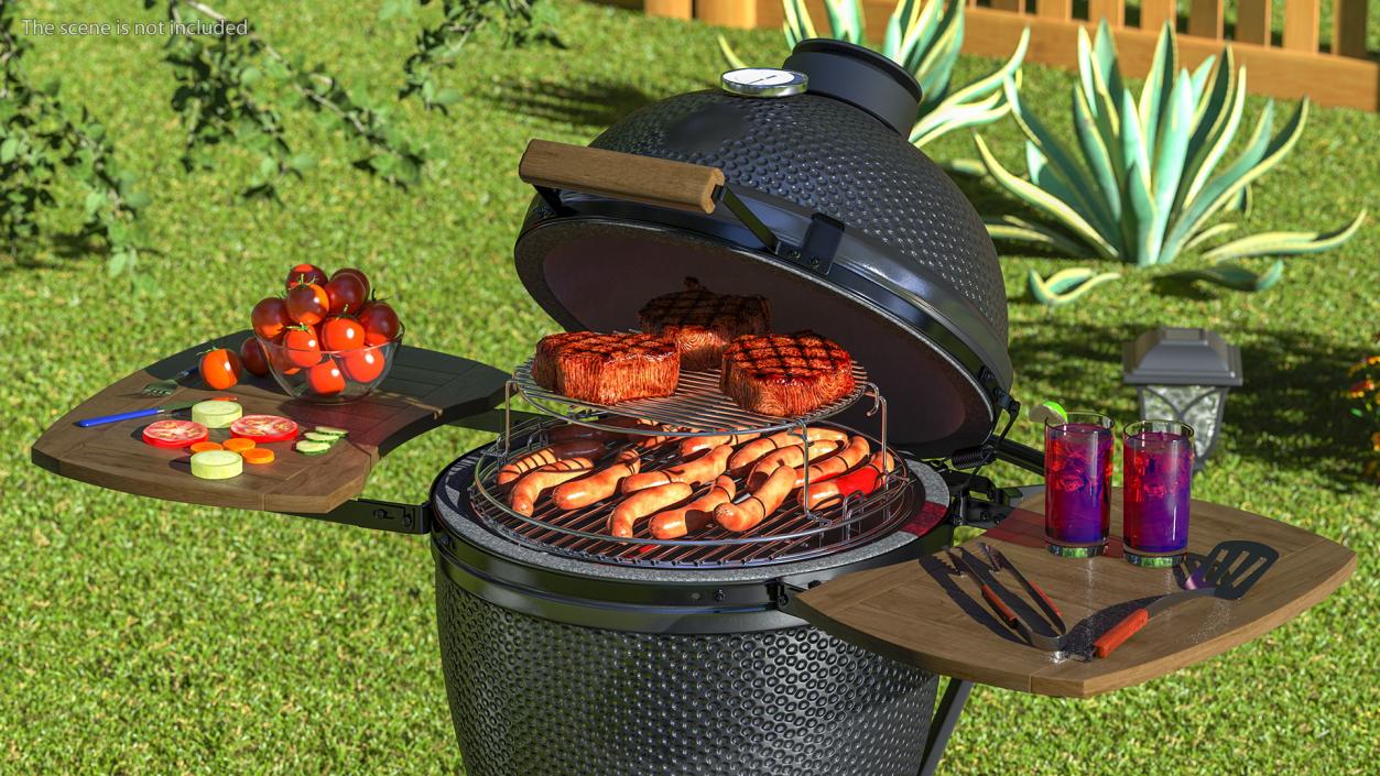 Kamado Style Barbecue Grill Open with Meat and Vegetables 3D