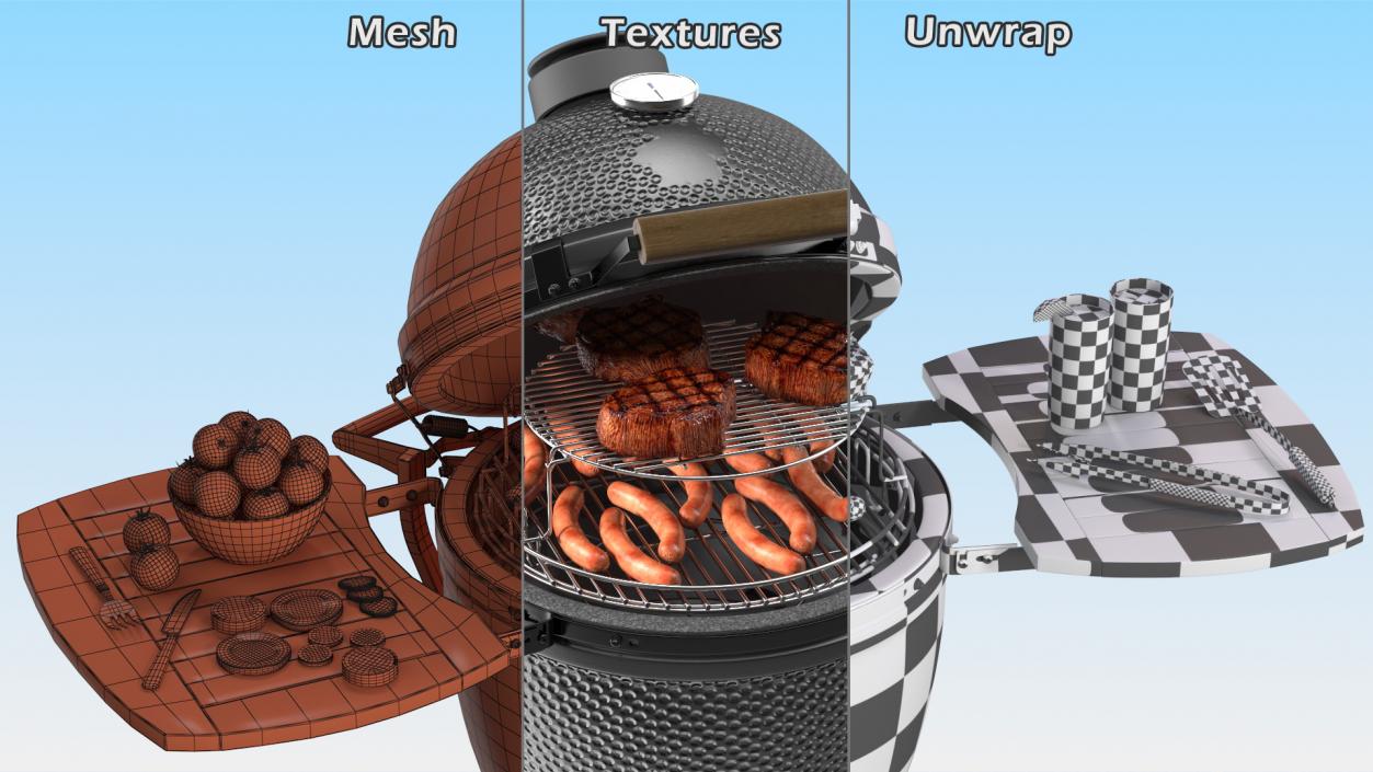 Kamado Style Barbecue Grill Open with Meat and Vegetables 3D