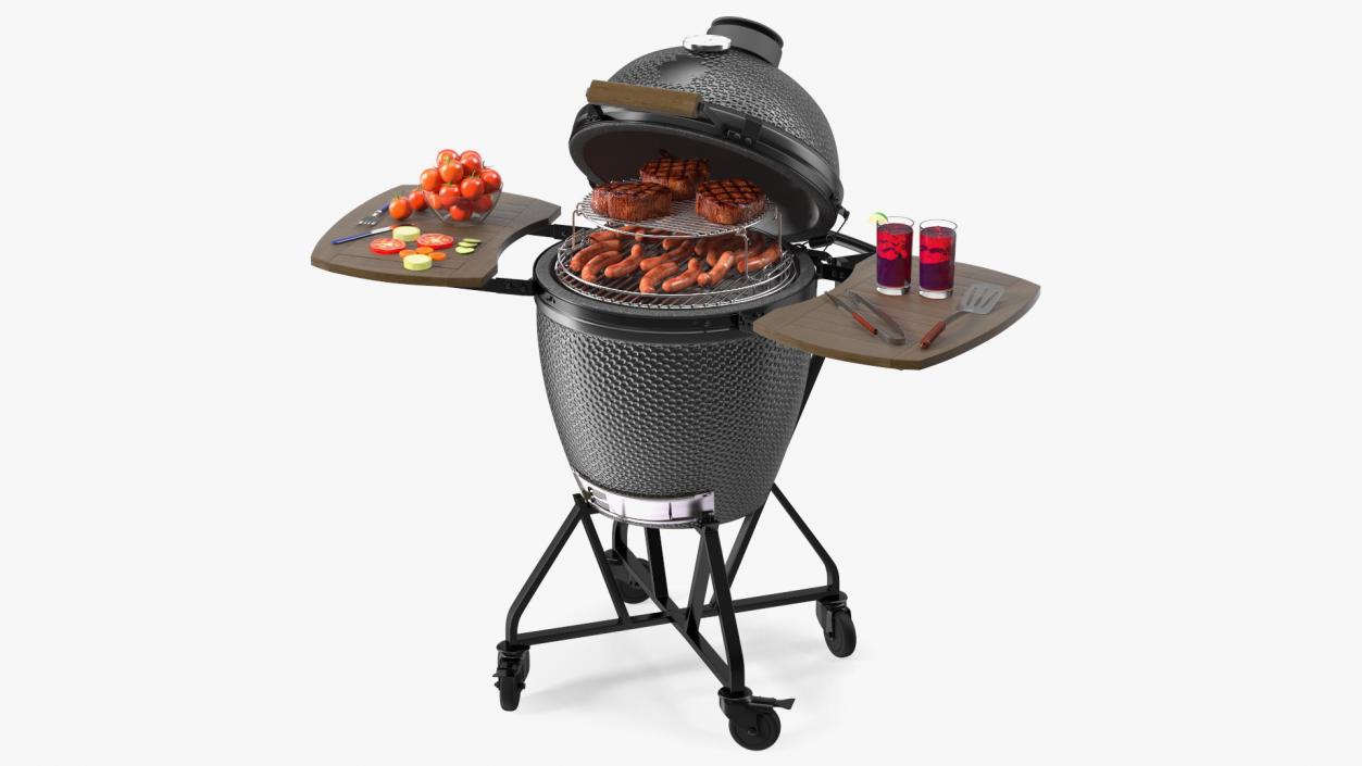 Kamado Style Barbecue Grill Open with Meat and Vegetables 3D