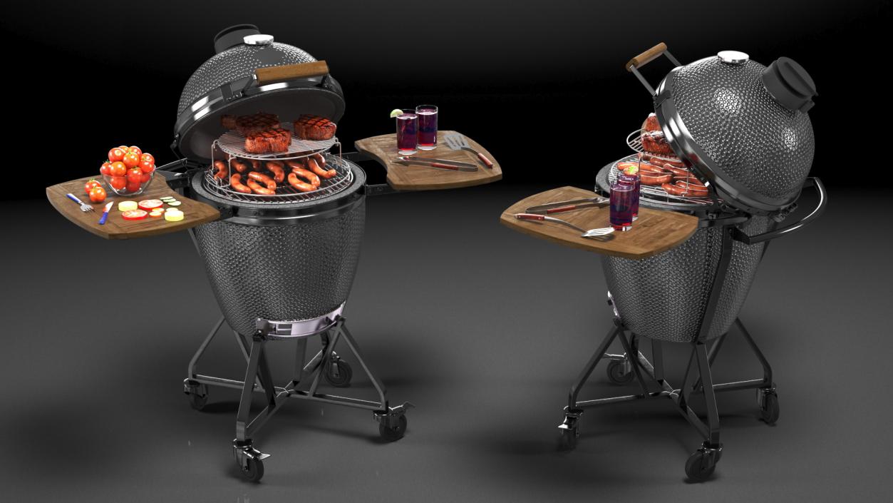 Kamado Style Barbecue Grill Open with Meat and Vegetables 3D