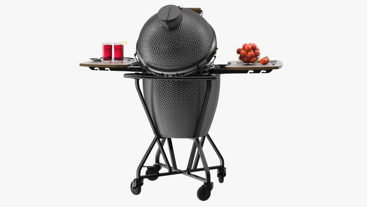 Kamado Style Barbecue Grill Open with Meat and Vegetables 3D