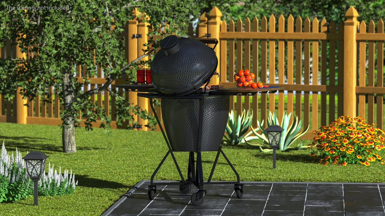 Kamado Style Barbecue Grill Open with Meat and Vegetables 3D