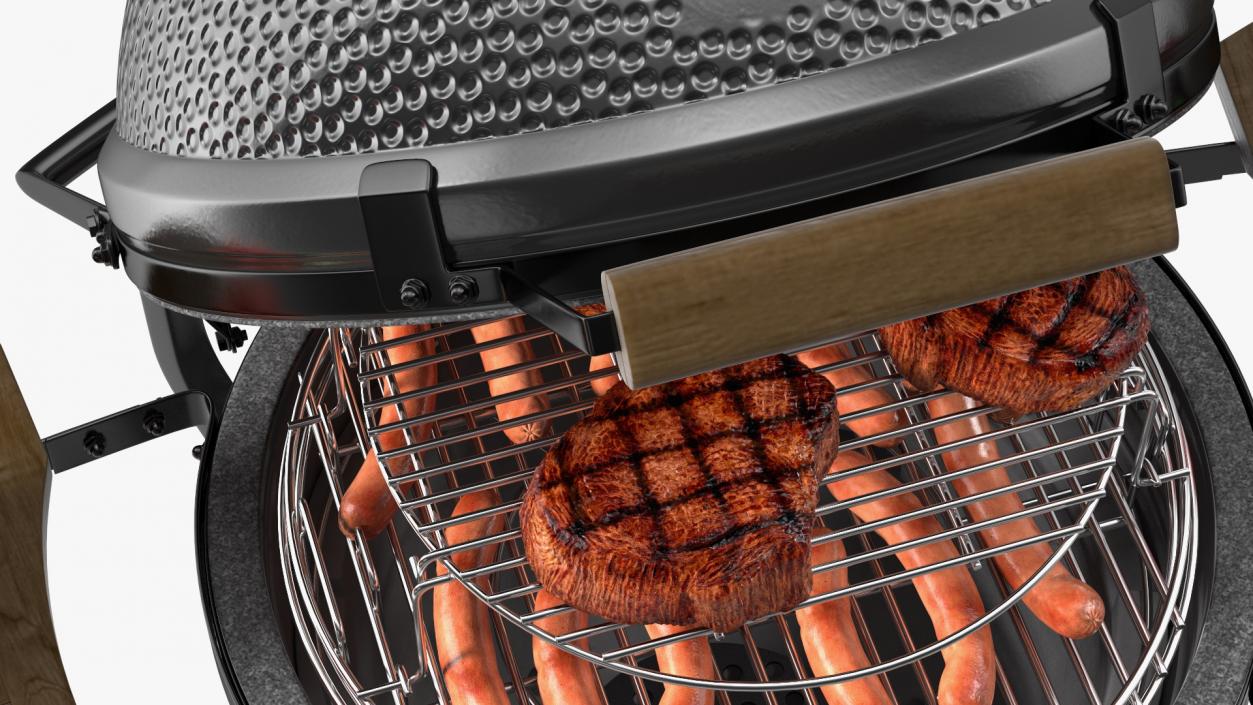 Kamado Style Barbecue Grill Open with Meat and Vegetables 3D