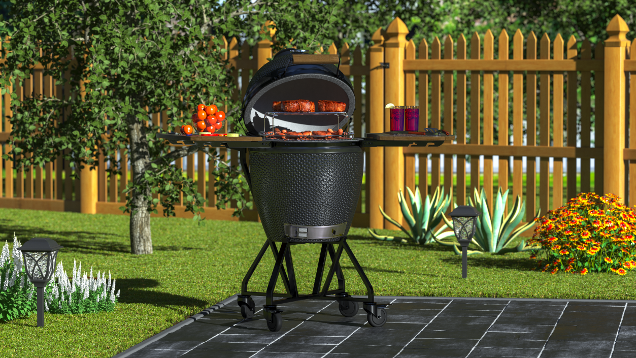 Kamado Style Barbecue Grill Open with Meat and Vegetables 3D