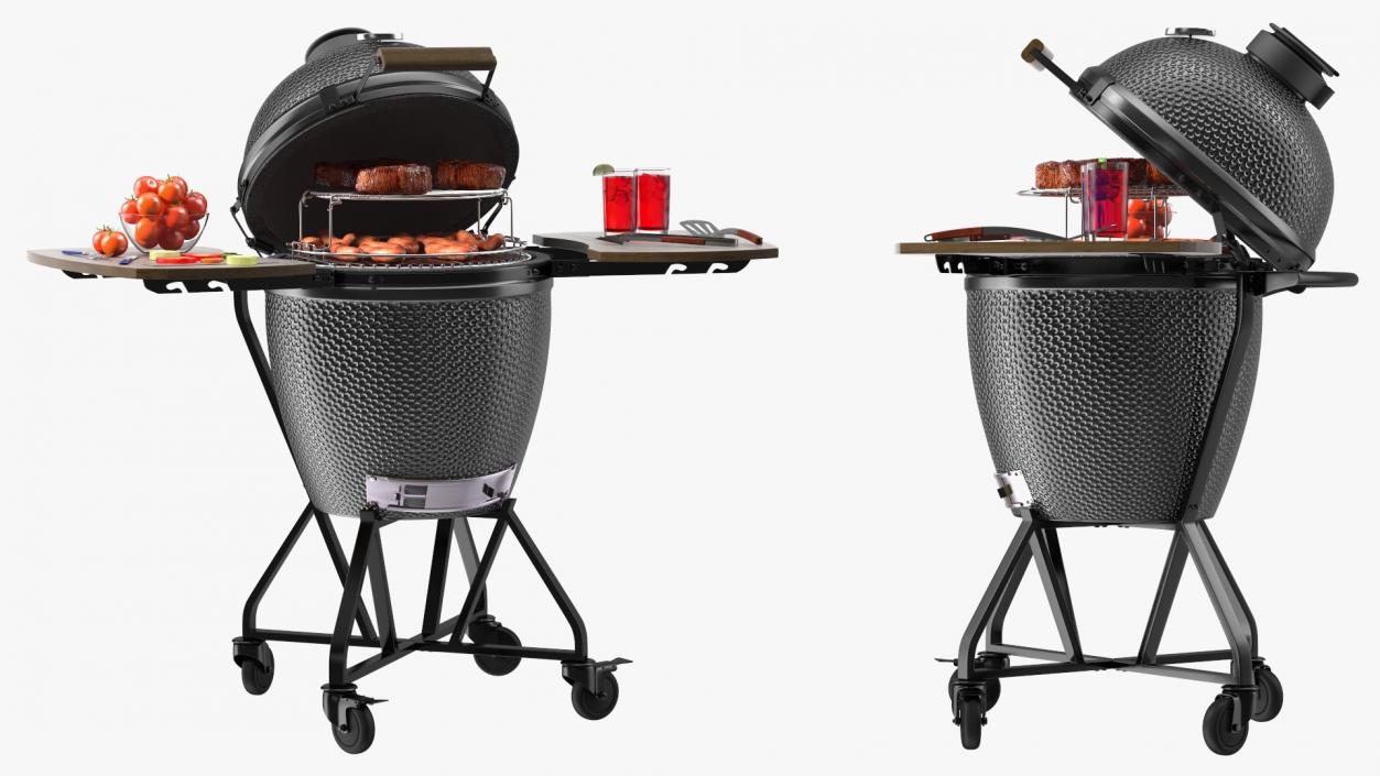 Kamado Style Barbecue Grill Open with Meat and Vegetables 3D