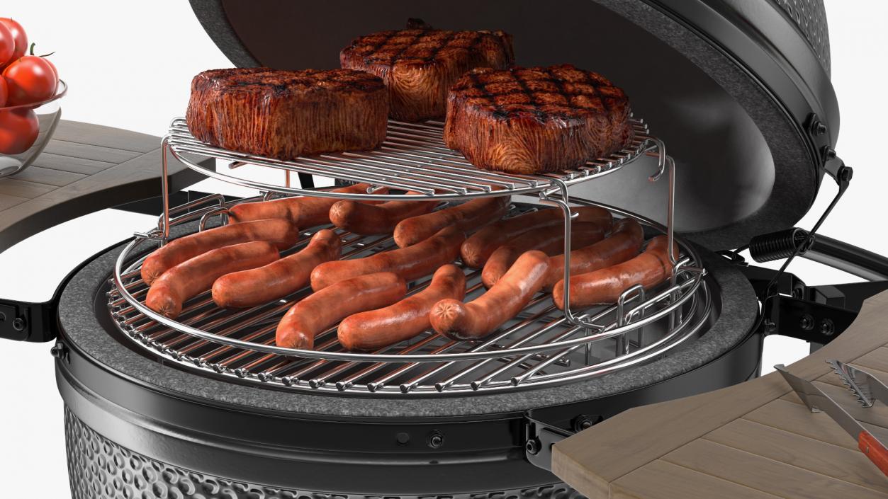 Kamado Style Barbecue Grill Open with Meat and Vegetables 3D