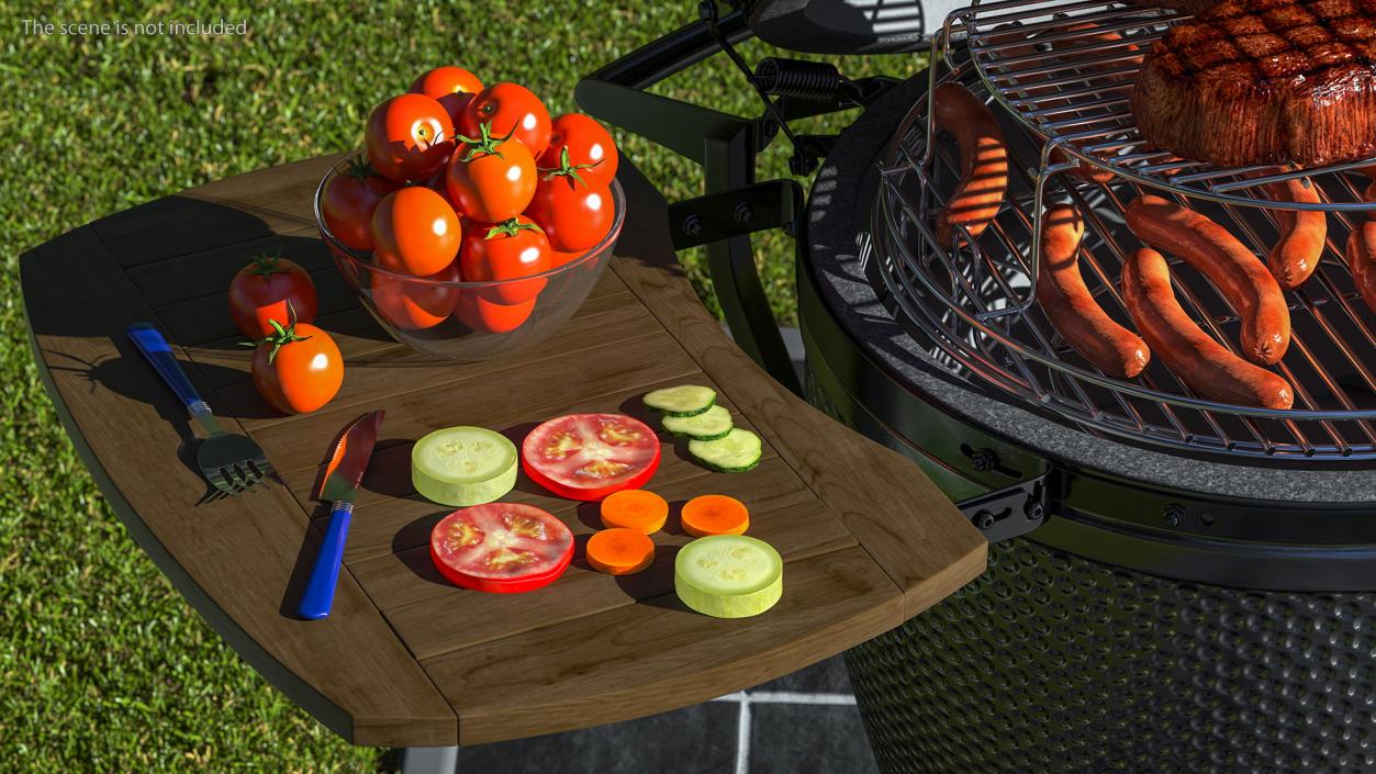 Kamado Style Barbecue Grill Open with Meat and Vegetables 3D