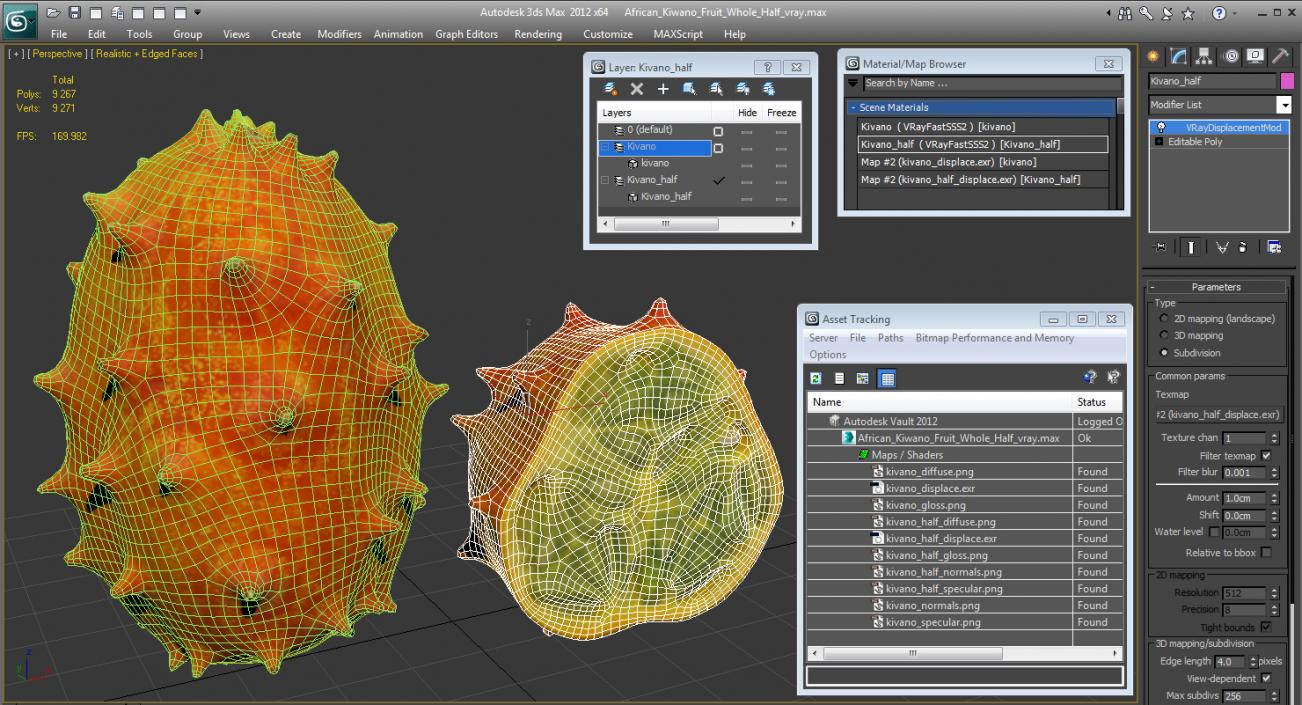 3D model African Kiwano Fruit Whole and Half