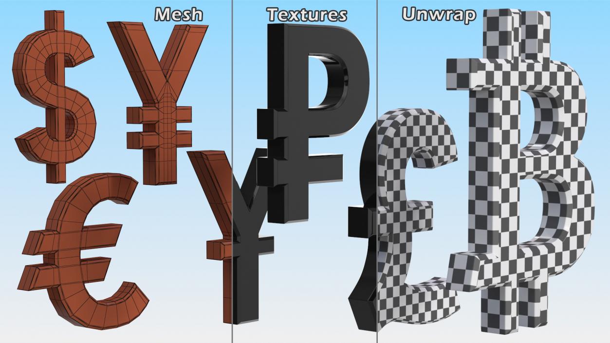 3D Currency Symbols Plastic Set model