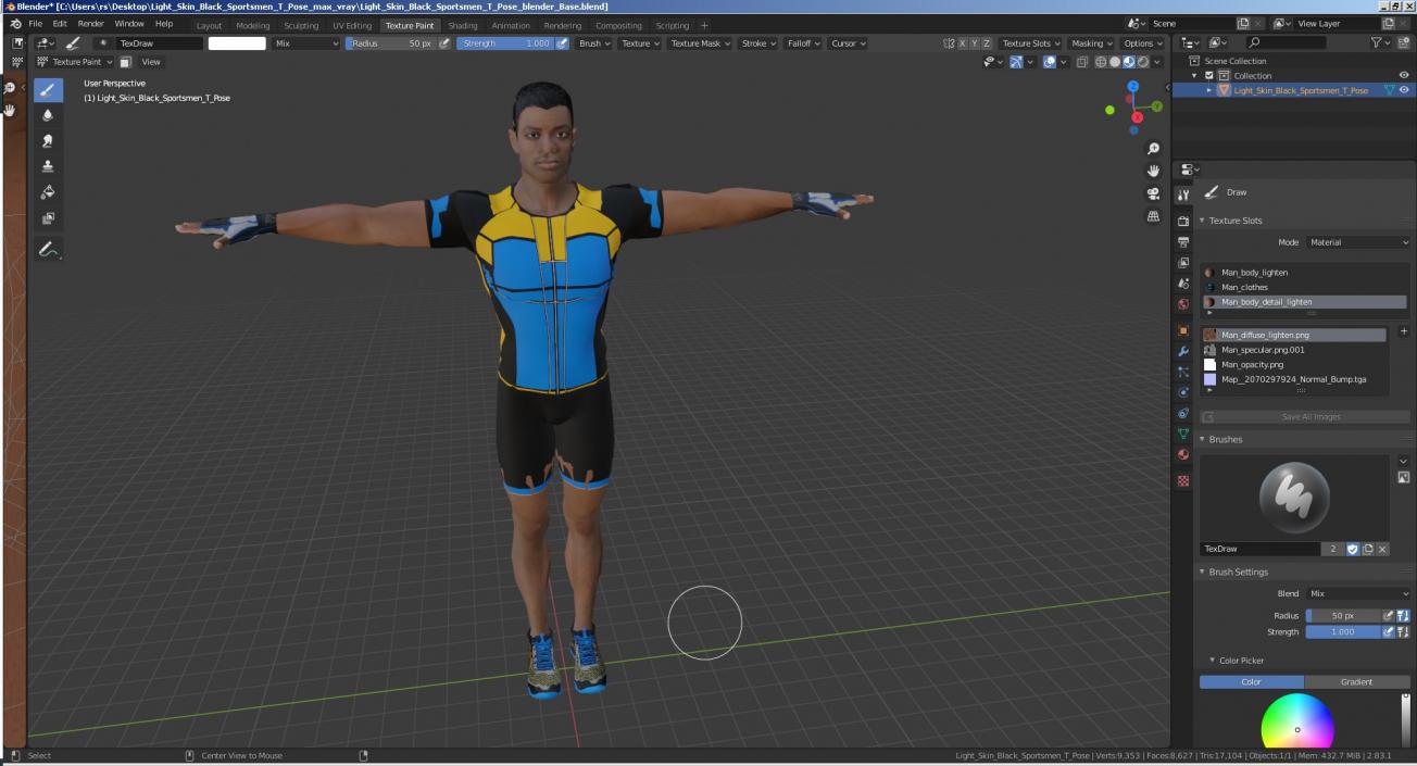 3D Light Skin Black Sportsmen T Pose model