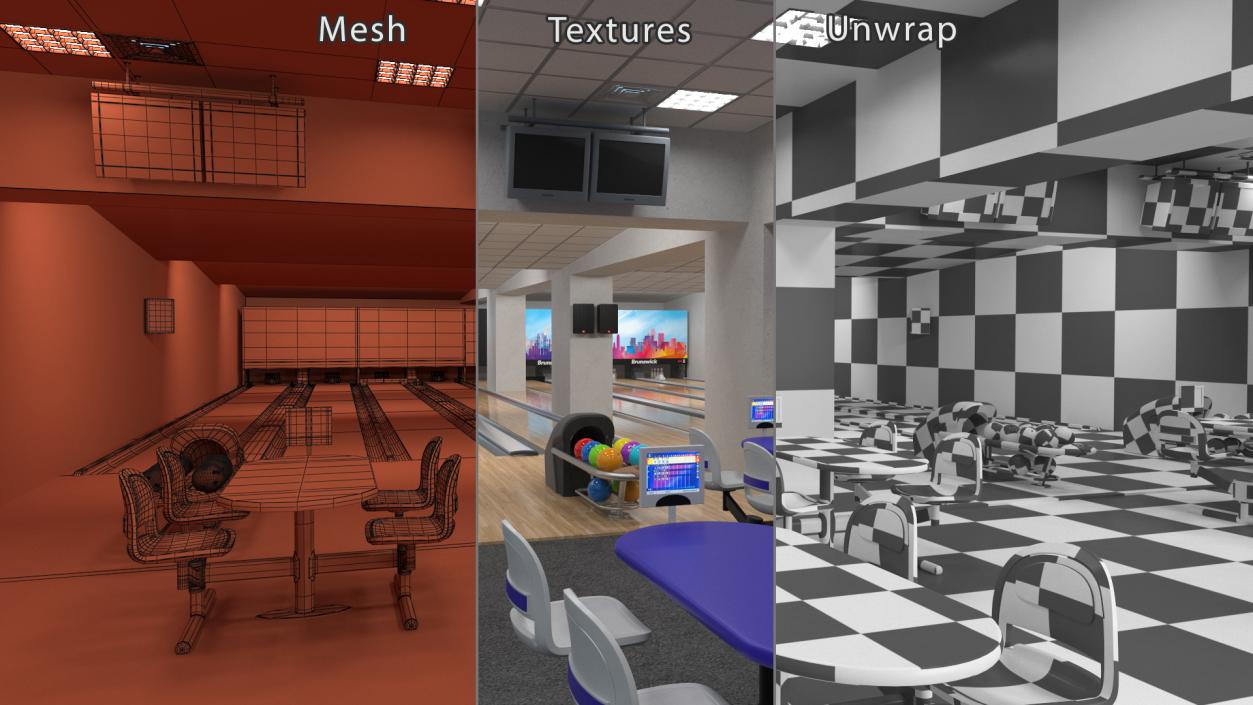 3D Bowling Center Interior with Furniture model