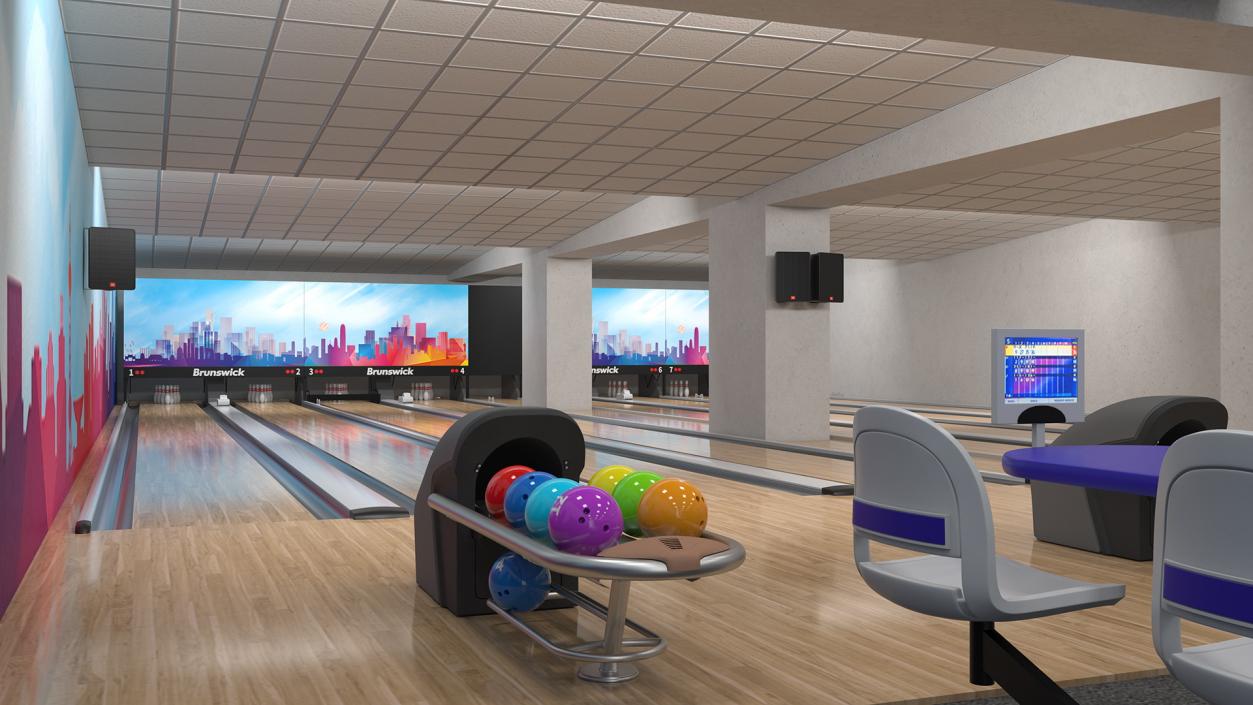 3D Bowling Center Interior with Furniture model