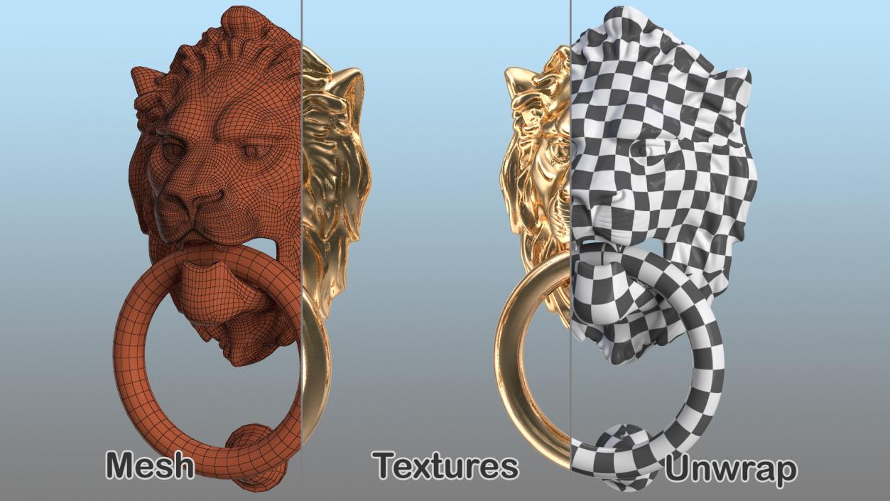 Lion Head Door Knocker Gold 3D