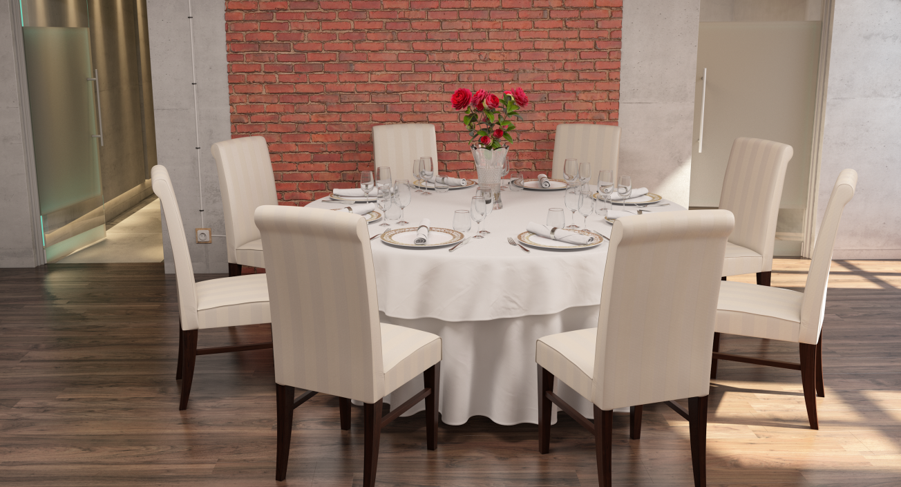 3D Round Restaurant Table Served With 8 Chairs model