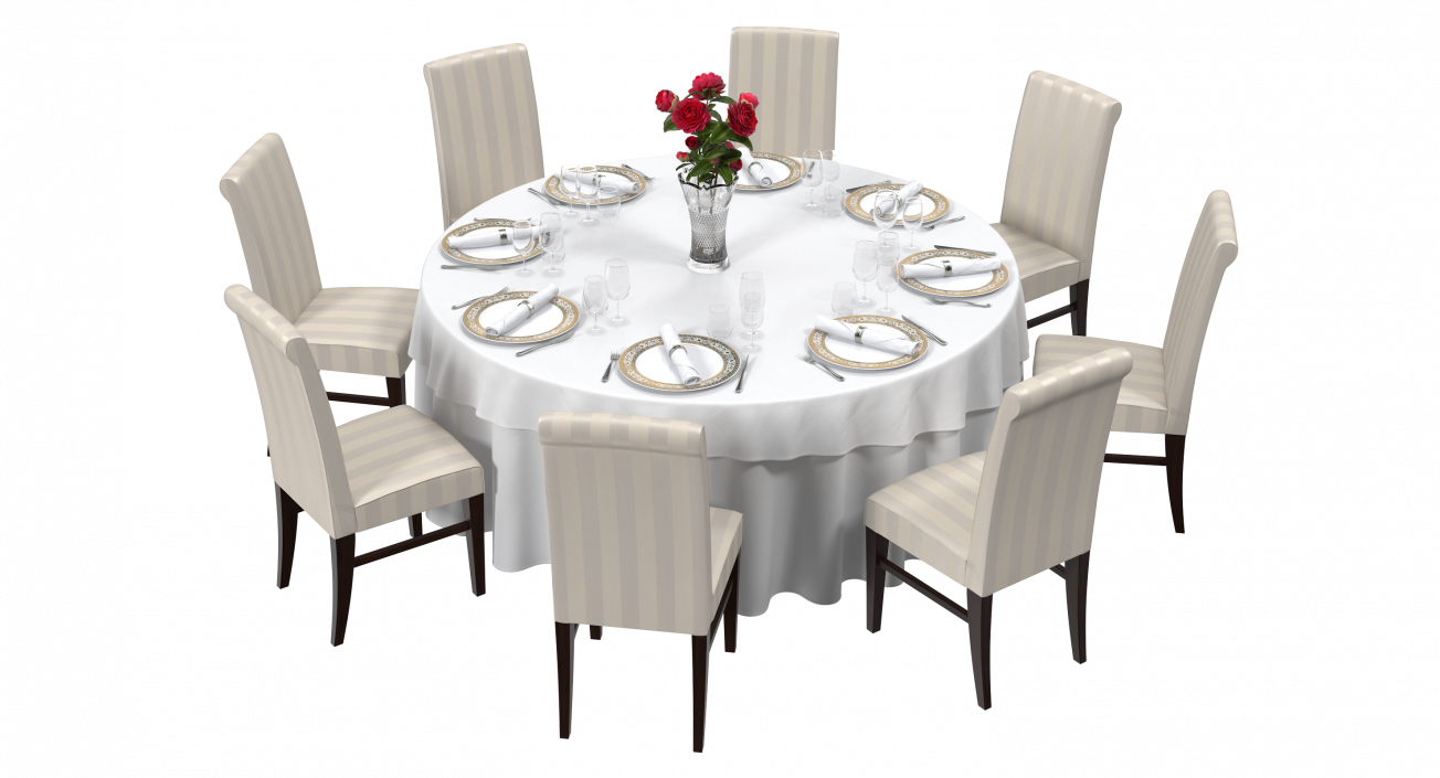 3D Round Restaurant Table Served With 8 Chairs model