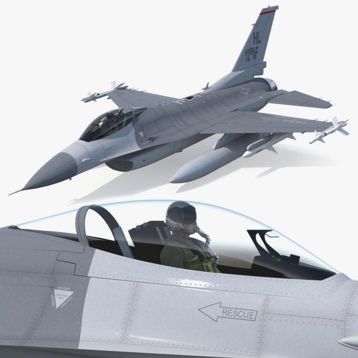 Fighter F-16 with Pilot and Missile Launcher LAU-129 3D