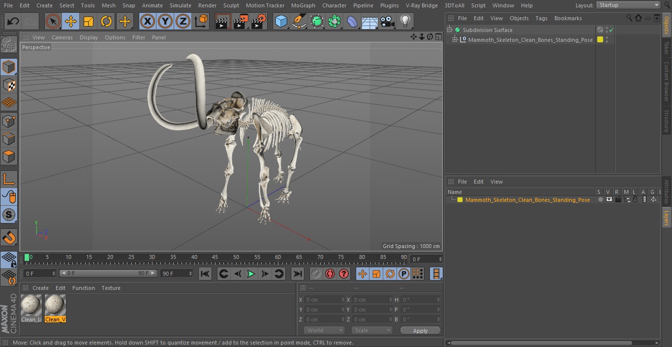 Mammoth Skeleton Clean Bones Standing Pose 3D