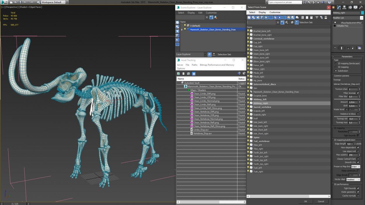 Mammoth Skeleton Clean Bones Standing Pose 3D