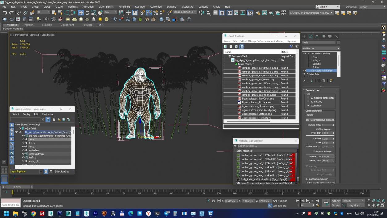 3D Big Ape Gigantopithecus in Bamboo Grove Fur model