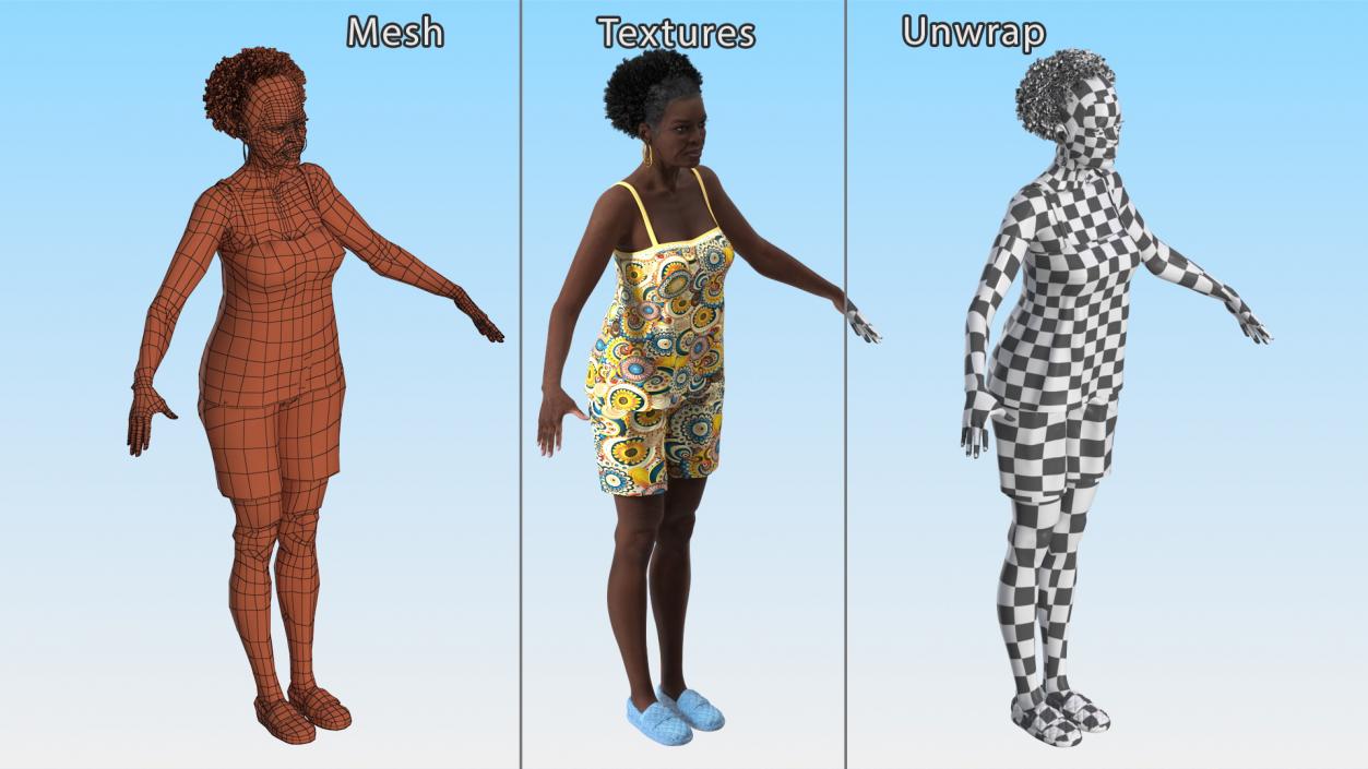 3D Afro American Grandma Wearing Pajamas Rigged for Modo model