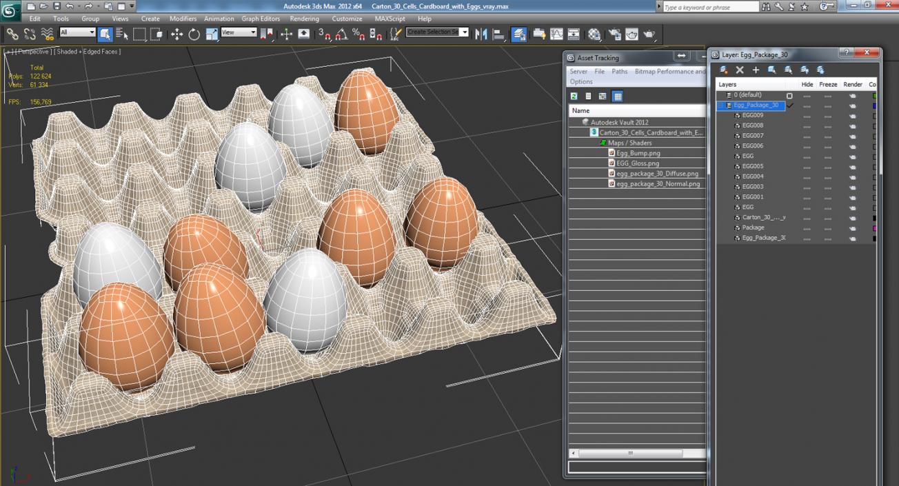 3D model Carton 30 Cells Cardboard with Eggs