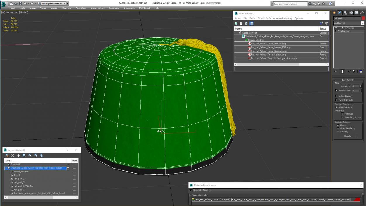 3D model Traditional Arabic Green Fez Hat With Yellow Tassel Fur