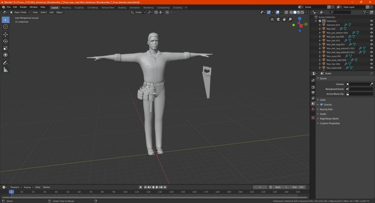 3D Afro American Woodworker T Pose