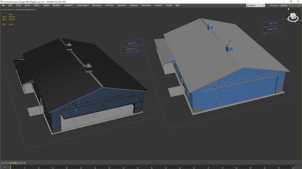 3D Personal Airplane Hangar Blue Rigged