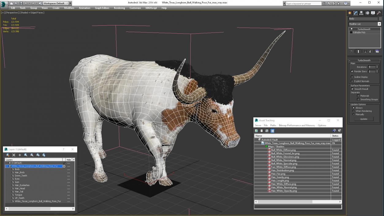 White Texas Longhorn Bull Walking Pose Fur 3D