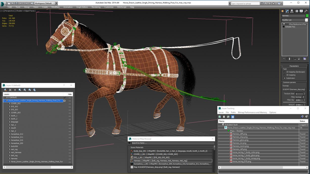 Horse Drawn Leather Single Driving Harness Walking Pose Fur 3D model