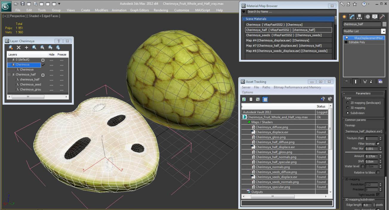 3D model Cherimoya Fruit Whole and Half