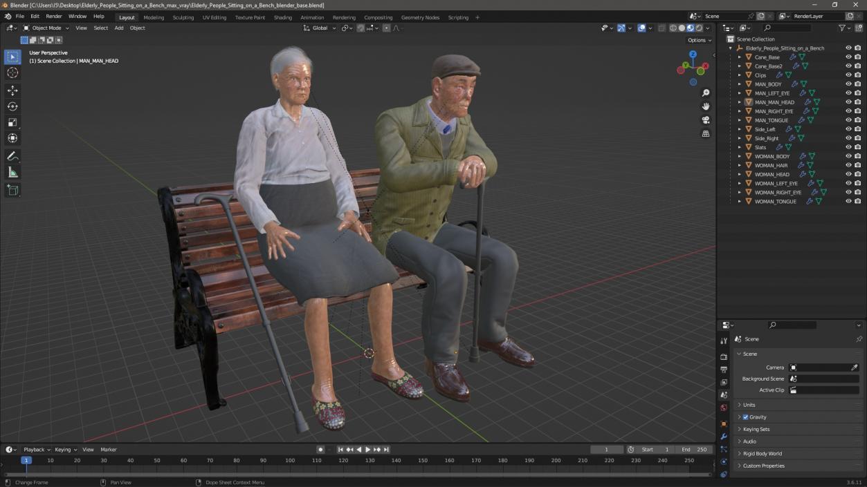 3D Elderly People Sitting on a Bench model