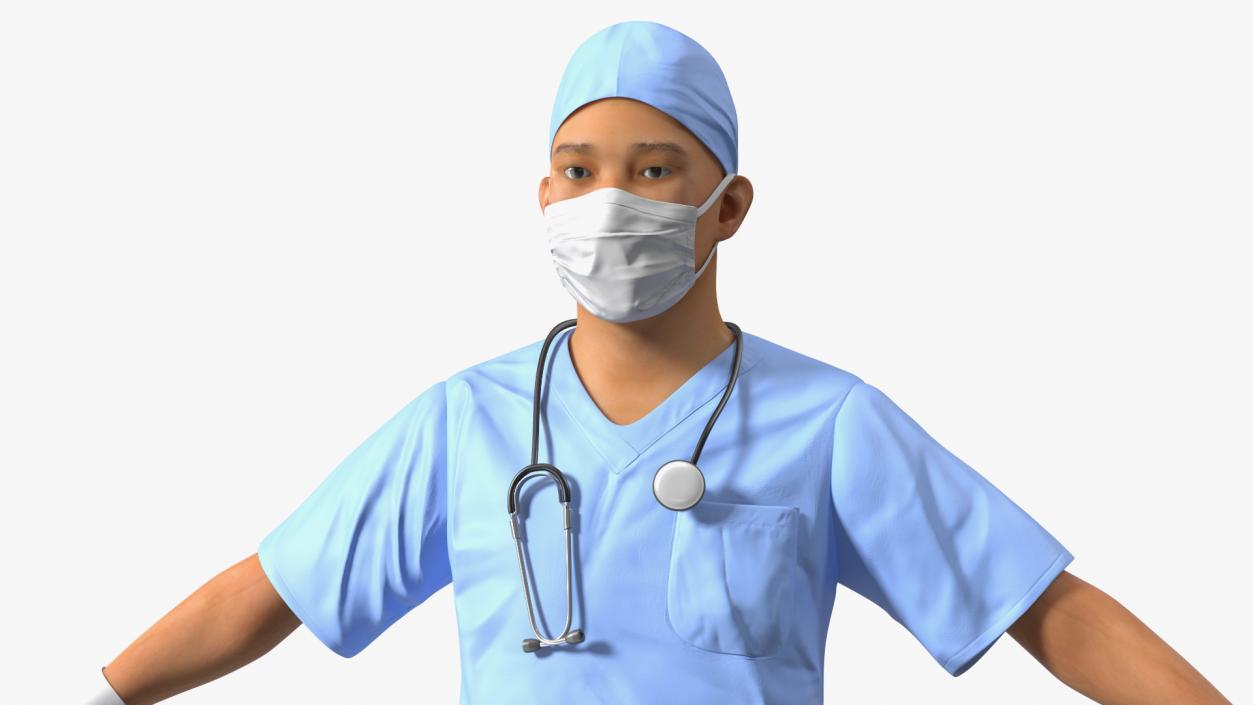 3D Asian Doctor wearing Gloves and Mask