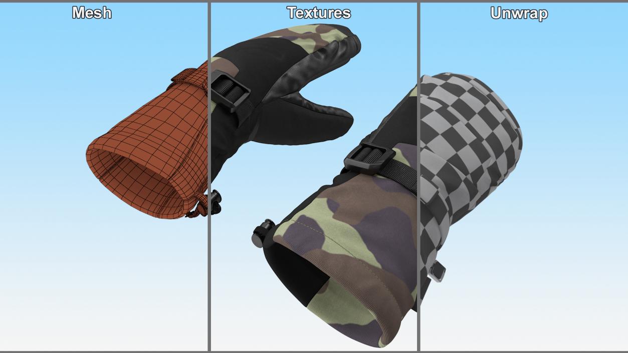 3D model Snow Skiing Mens Waterproof Mittens Camo