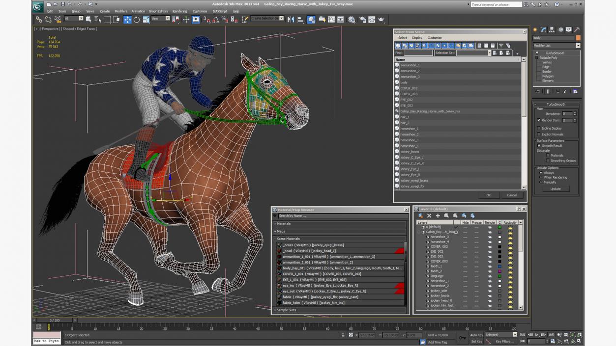 3D Gallop Bay Racing Horse with Jokey Fur model