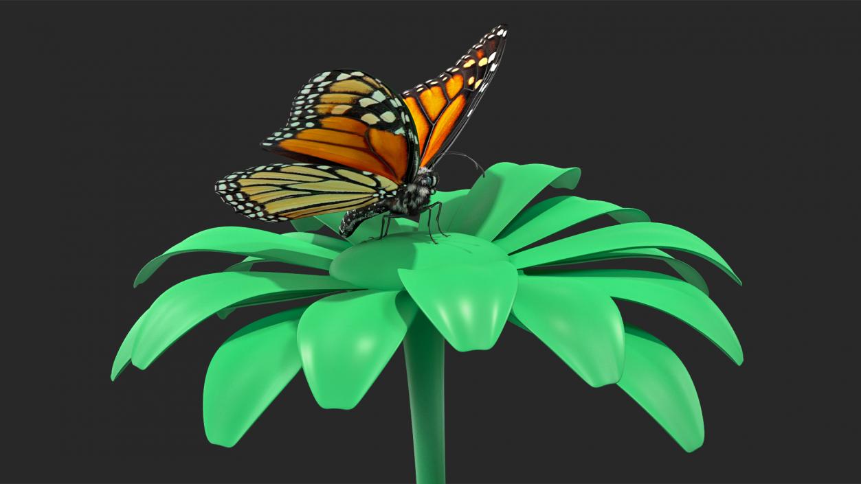 3D Animated Monarch Butterfly Sits on Swinging Flower with Fur Rigged