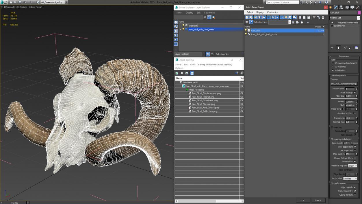 3D model Ram Skull with Dark Horns