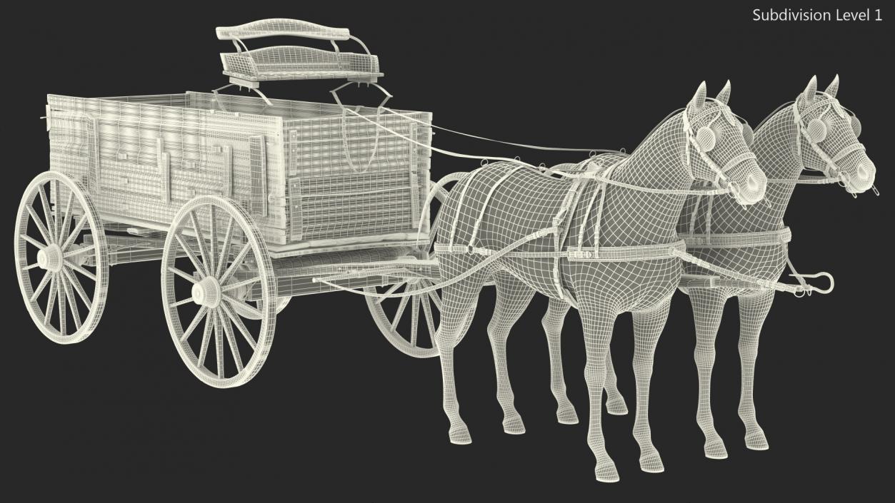 3D Pair Of White Horses with Wagon