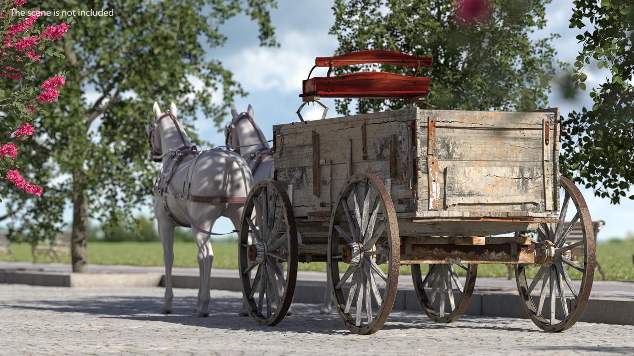 3D Pair Of White Horses with Wagon