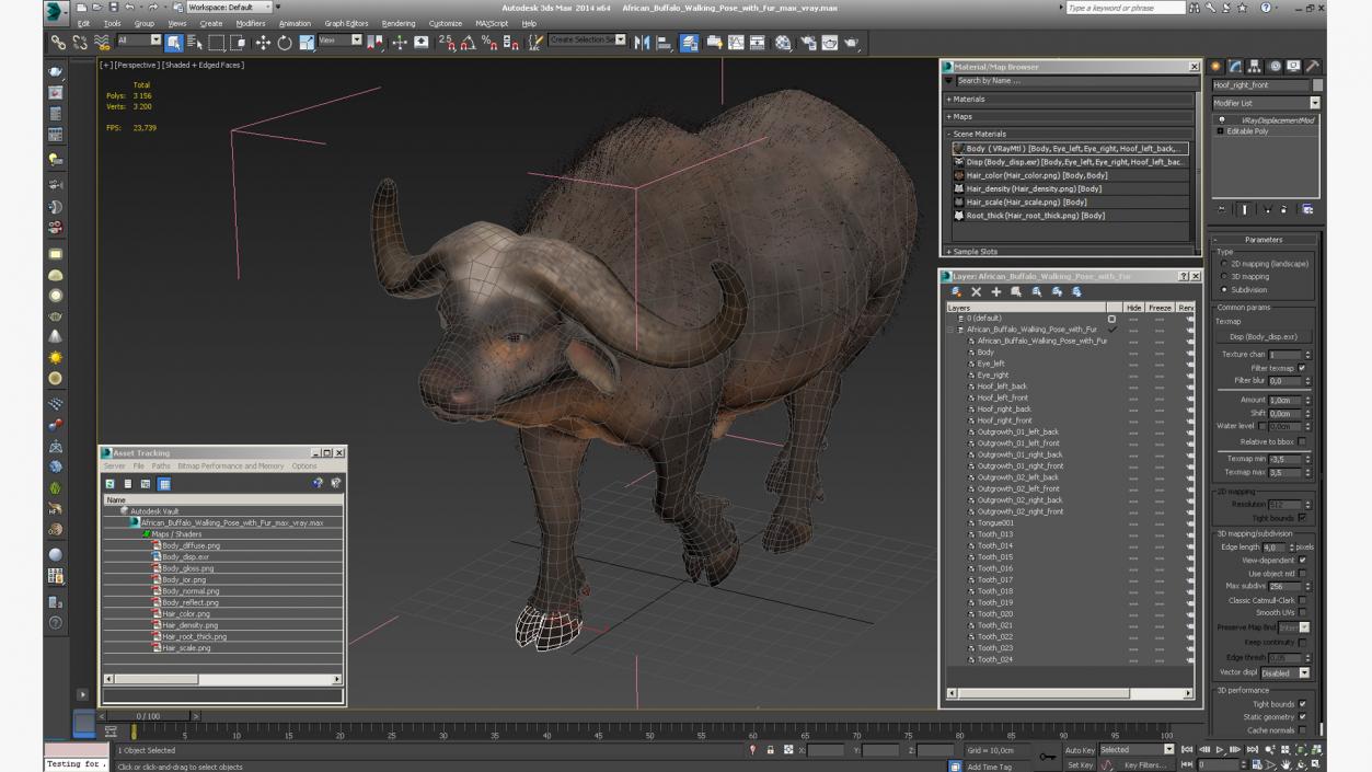 African Buffalo Walking Pose with Fur 3D