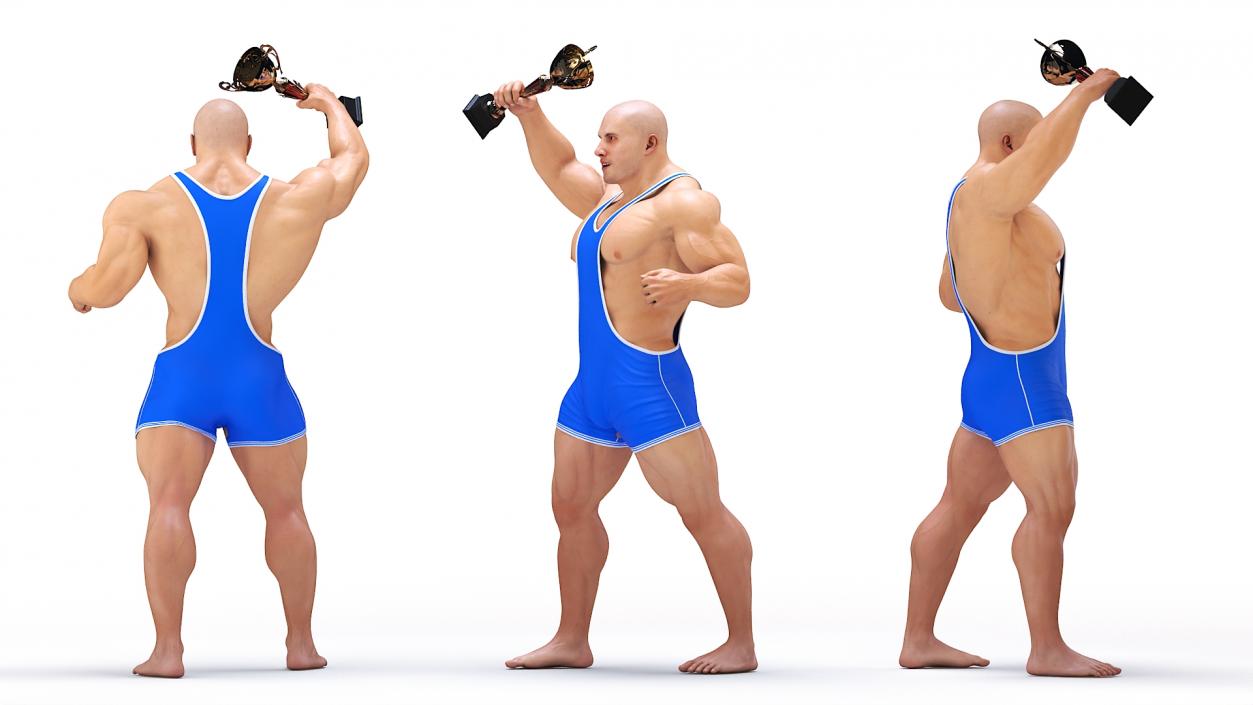 Bodybuilder in Blue Leotard and Trophy Cup 3D